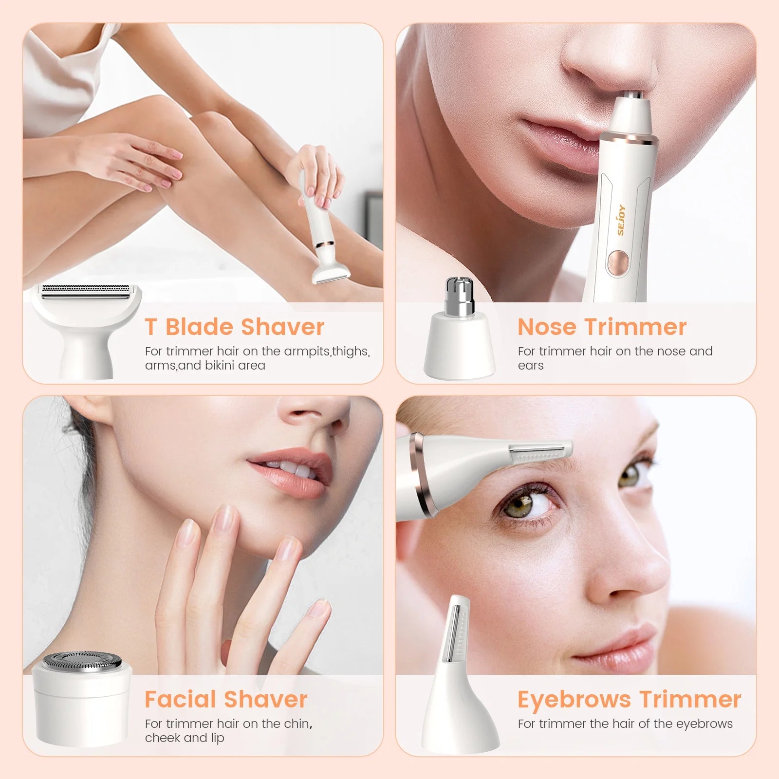 Electric Razor Shaver for Women, 4 in 1 Bikini Trimmer for Women,Cordless Protable Rechargeable Body Hair Removal Kit for Eyebrow Face Nose Legs Underarms and Bikini Line,White